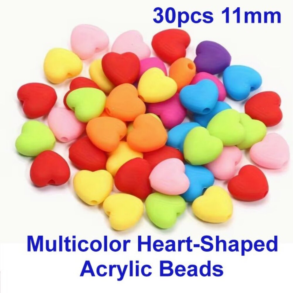 Multicolor Heart-Shaped Acrylic Beads 30pcs 11mm Large Hole